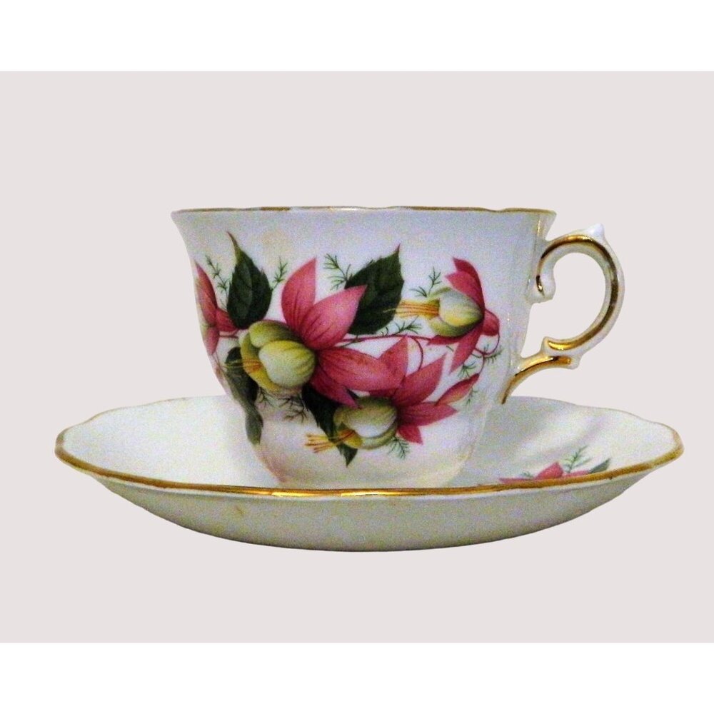 Vintage Royal Vale Bone China Tea Cup Saucer Set 7627 Pink Bell Flower Gold Trim